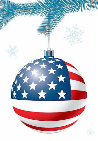 Christmas ball with US flag. Greeting card. Vector illustration. Ball isolated on white background. Stock Photo - Budget Royalty-Free & Subscription, Code: 400-05008270