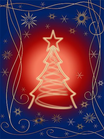 simsearch:400-05006261,k - golden 3d christmas tree with gold stars, snowflakes and ornaments over red blue background Photographie de stock - Aubaine LD & Abonnement, Code: 400-05000229