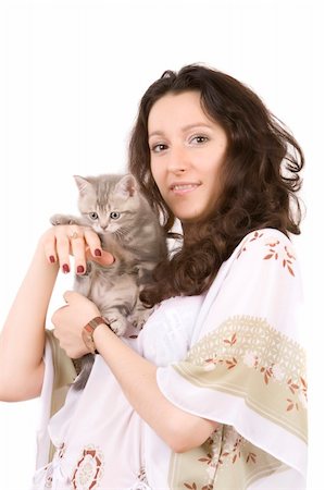 young women with gray kitten on white ground Stock Photo - Budget Royalty-Free & Subscription, Code: 400-05000714