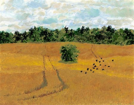 Painting of a flock of birds in a field with tractor tracks and blue skies Photographie de stock - Aubaine LD & Abonnement, Code: 400-05002151