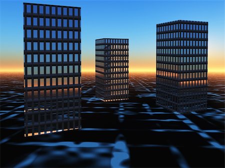 An abstract background of buildings on a glowing grid sunrise horizon. Photographie de stock - Aubaine LD & Abonnement, Code: 400-05003860