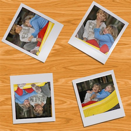 four polaroid style images of a young boy and girl sitting together on the playground left on a wooden table Stock Photo - Budget Royalty-Free & Subscription, Code: 400-05014192