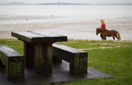 Rainy day at the beach - wet beach table with benches and lonely girl with a pony. Stock Photo - Budget Royalty-Free & Subscription, Code: 400-05014559