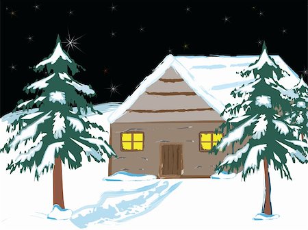 door with xmas lights - Illustration of old house in the wilderness in winter. Stock Photo - Budget Royalty-Free & Subscription, Code: 400-05015216