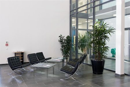 Lobby of a modern office building with chairs of black leather, tables of glass and plants Stock Photo - Budget Royalty-Free & Subscription, Code: 400-05017220