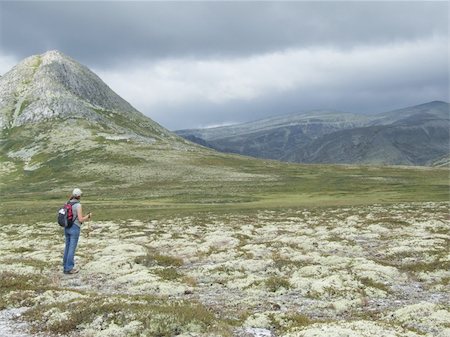 rock climbing with rucksack - Woman contemplating the wilderness in a national park while making a pause from hiking - Rondane - Norway Stock Photo - Budget Royalty-Free & Subscription, Code: 400-05018847