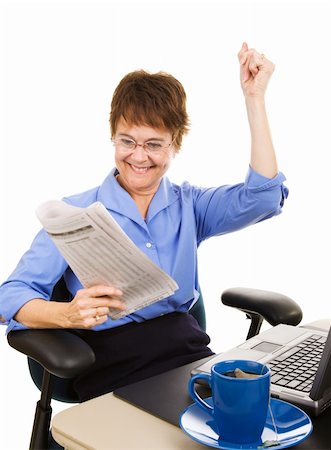 relieved excited person - Businesswoman happy about the latest financial news.  Isolated on white. Stock Photo - Budget Royalty-Free & Subscription, Code: 400-05010293