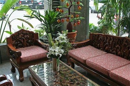 Waiting room with sofas ornate carved asian furniture Stock Photo - Budget Royalty-Free & Subscription, Code: 400-05012438