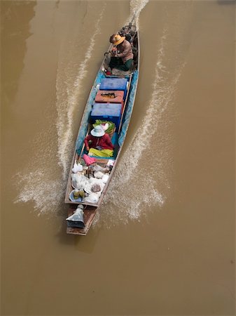 floating market - Classic wooden boat at speed on a canal in Thailand, on its way to a floating market. Stock Photo - Budget Royalty-Free & Subscription, Code: 400-05012859