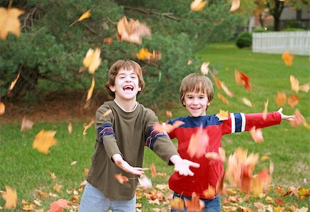 simsearch:400-05166871,k - Two Boys Playing in the Leaves Having a Great Time Foto de stock - Royalty-Free Super Valor e Assinatura, Número: 400-05012917