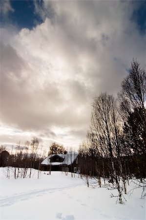 scandinavian blue house - Cabin in a snowy Norwegian landscape. Stock Photo - Budget Royalty-Free & Subscription, Code: 400-05012976