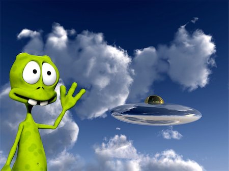 simsearch:400-06091348,k - An image of a cartoon alien waving at a UFO. Photographie de stock - Aubaine LD & Abonnement, Code: 400-05013168