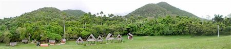 Tropical vegetation panorama with mountains and rustic cabins Stock Photo - Budget Royalty-Free & Subscription, Code: 400-05024847