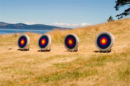 Four archery targets are set up on an archery range at a summer camp. These targets have been pockmarked by arrows. Stock Photo - Budget Royalty-Free & Subscription, Code: 400-05025530