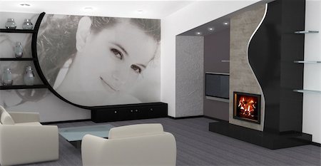 Photo on the wall is my own image.  Modern living room with a fireplace. Foto de stock - Super Valor sin royalties y Suscripción, Código: 400-05026341