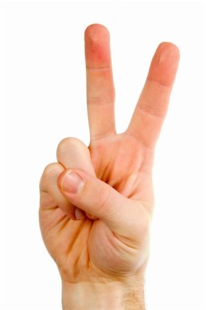 A male hand with two fingers up in the peace or victory symbol.  Also the sign for the letter V in sign language.  Isolated on white with clipping path. Stock Photo - Budget Royalty-Free & Subscription, Code: 400-05026771