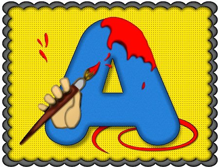 Alphabet A is getting a new pain job.  Hand and paint brush splashes red paint on letter.  Background is a mat of yellow and black. Foto de stock - Royalty-Free Super Valor e Assinatura, Número: 400-05028436
