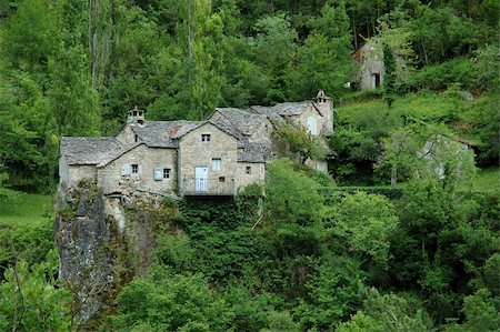 Between Le Rozier ans Saint-Rome-de-Dolan, near Mas-de-Lafont, in the western part of the Tarn Gorges, a Hamlet with traditional houses and their lauze covered roofs is built on a rocky promontory of the Mejean causse. Fotografie stock - Microstock e Abbonamento, Codice: 400-05029866