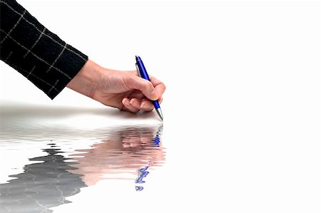 Female hand with blue pen, signing, on white background with reflection. Stock Photo - Budget Royalty-Free & Subscription, Code: 400-05020467