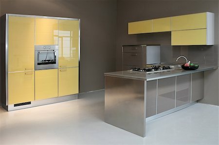 simsearch:400-05132663,k - New modern kitchen in yellow with metal Stock Photo - Budget Royalty-Free & Subscription, Code: 400-05020934