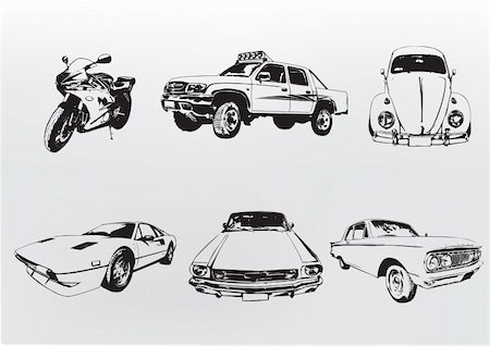 Silhouette cars. Vector illustration of old vintage custom collector's cars and motorcycle Stock Photo - Budget Royalty-Free & Subscription, Code: 400-05021555