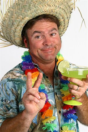 person in hawaiian shirt - A drunk tourist holding a margarita and giving a peace sign. Stock Photo - Budget Royalty-Free & Subscription, Code: 400-05021861