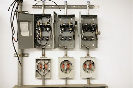 simsearch:400-07572493,k - Industrial electrical meter center with multiple breaker panels.  They are disassembled to help train vocational education students. Stock Photo - Budget Royalty-Free & Subscription, Code: 400-05022321