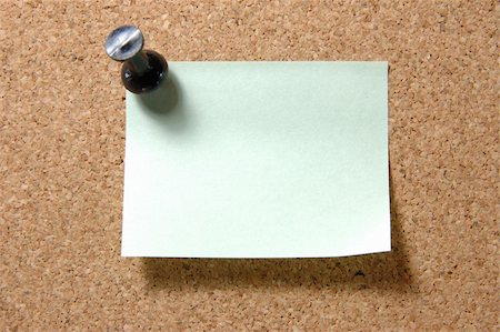 simsearch:400-04497952,k - Green post-it note with black pushpin on corkboard Stock Photo - Budget Royalty-Free & Subscription, Code: 400-05023192