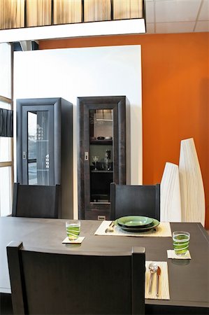 simsearch:400-04176994,k - Modern dinning room with black table and closet Stock Photo - Budget Royalty-Free & Subscription, Code: 400-05035082