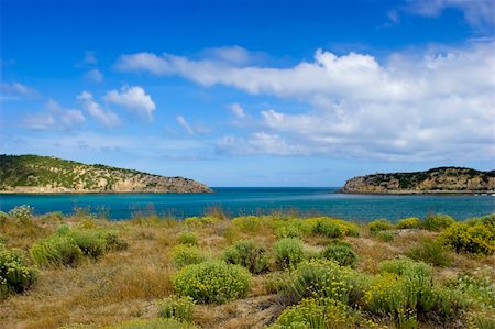 Beautiful blue bay with green bushes in the dunes Stock Photo - Budget Royalty-Free & Subscription, Code: 400-05037244