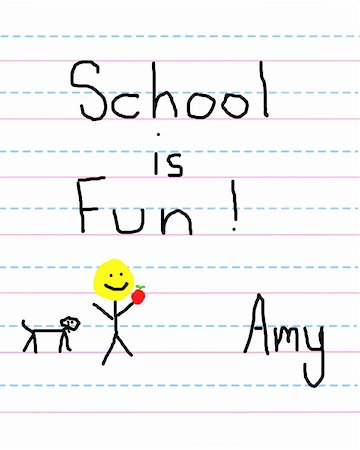 figura adesiva - Child's written note says "School is fun!"  Drawing at bottom of primar sheet has stick figure with smile face holding an apple and a dog walking besides stick figure. Foto de stock - Royalty-Free Super Valor e Assinatura, Número: 400-05037733