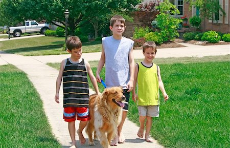 Three Kids Walking the Dog on a Sidewalk Stock Photo - Budget Royalty-Free & Subscription, Code: 400-05038065
