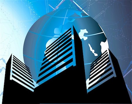 Illustration of silhouette of group of buildings under a globe Stock Photo - Budget Royalty-Free & Subscription, Code: 400-05039027