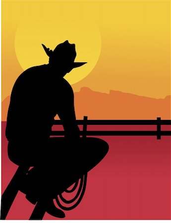 Black silhouette of a cowboy sitting on a fence looking at the sunset Stock Photo - Budget Royalty-Free & Subscription, Code: 400-05032702