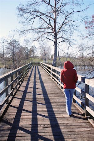 Lady in red coat, hooded and great legs taking a leisurely stroll over the murky waters of the swamp in Louisiana. Foto de stock - Super Valor sin royalties y Suscripción, Código: 400-05032975