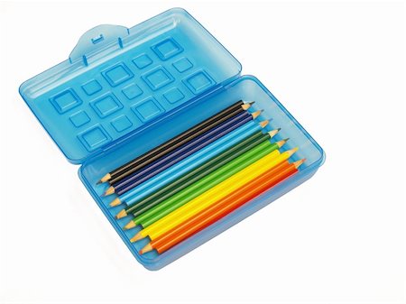 sparkia (artist) - blue plastic pencil box with colored pencils Stockbilder - Microstock & Abonnement, Bildnummer: 400-05033017