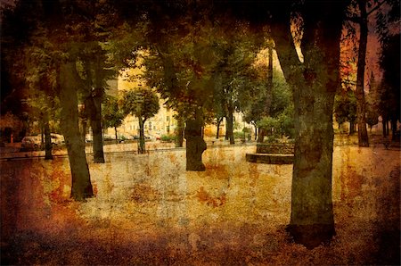 simsearch:400-04512320,k - Artistic work of my own in retro style - Postcard from Italy. Urban park. - Tuscany. Fotografie stock - Microstock e Abbonamento, Codice: 400-05044069