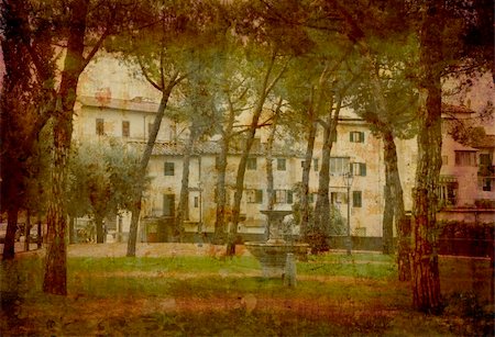 simsearch:400-04512320,k - Artistic work of my own in retro style - Postcard from Italy. Urban park. - Tuscany. Fotografie stock - Microstock e Abbonamento, Codice: 400-05044079