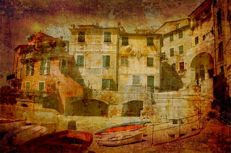 Artistic work of my own in retro style - Postcard from Italy. Village by the sea - Tuscany. Stock Photo - Budget Royalty-Free & Subscription, Code: 400-05044086