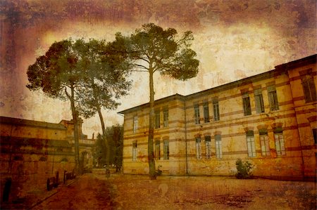 simsearch:400-05004765,k - Artistic work of my own in retro style - Postcard from Italy. Public school - Tuscany. Fotografie stock - Microstock e Abbonamento, Codice: 400-05044087