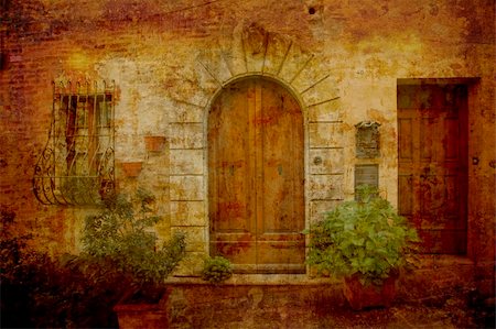 simsearch:400-04512320,k - Artistic work of my own in retro style - Postcard from Italy. Doors - Montepulciano - Tuscany. Fotografie stock - Microstock e Abbonamento, Codice: 400-05044082