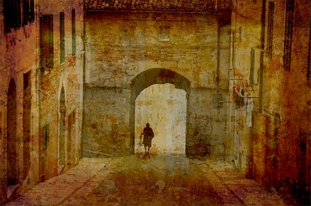 simsearch:400-04512320,k - Artistic work of my own in retro style - Postcard from Italy. Town gate - Sarteano - Tuscany. Fotografie stock - Microstock e Abbonamento, Codice: 400-05044083