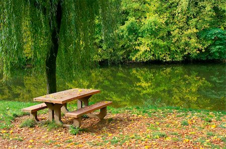 Picnic table, grass and trees by the river Foto de stock - Super Valor sin royalties y Suscripción, Código: 400-05044256