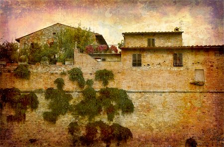 simsearch:400-05004765,k - Artistic work of my own in retro style - Postcard from Italy. - Fragment of the town wall around San Gimignano - Tuscany Fotografie stock - Microstock e Abbonamento, Codice: 400-05044531