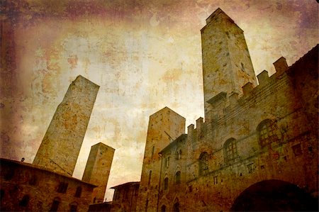 simsearch:400-04512320,k - Artistic work of my own in retro style - Postcard from Italy. - Towers San Gimignano - Tuscany. Fotografie stock - Microstock e Abbonamento, Codice: 400-05044541