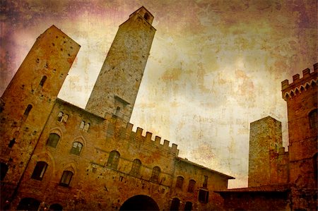 simsearch:400-04512320,k - Artistic work of my own in retro style - Postcard from Italy. - Towers San Gimignano - Tuscany. Fotografie stock - Microstock e Abbonamento, Codice: 400-05044542