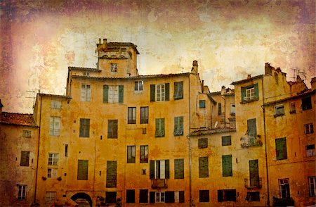 simsearch:400-04512320,k - Artistic work of my own in retro style - Postcard from Italy. - Beautiful facade - Lucca Fotografie stock - Microstock e Abbonamento, Codice: 400-05044557