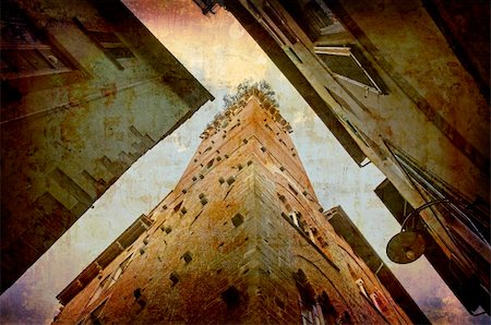 simsearch:400-05004765,k - Artistic work of my own in retro style - Postcard from Italy. - Tower - Lucca, Tuscany. Fotografie stock - Microstock e Abbonamento, Codice: 400-05044584