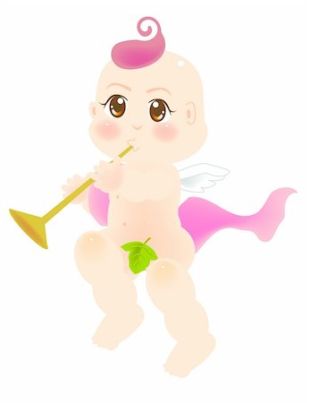 vector illustration for a baby angel playing a horn, flute Stock Photo - Budget Royalty-Free & Subscription, Code: 400-05045157