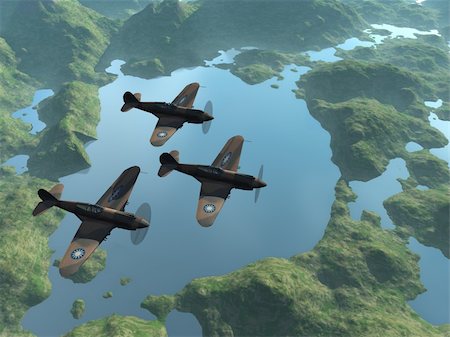 Three Curtiss P40C Warhawk Planes flying over lake Photographie de stock - Aubaine LD & Abonnement, Code: 400-05045627